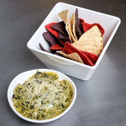 Spinach Dip With Tricolored Tortilla Chips.